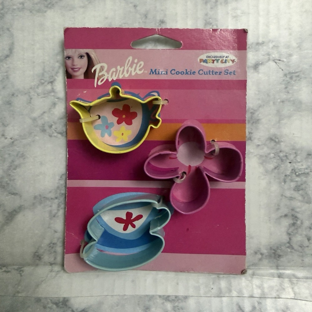 2002 Barbie Mini Cookie Cutter Set Metal Party City Vintage Teapot Flower Cup